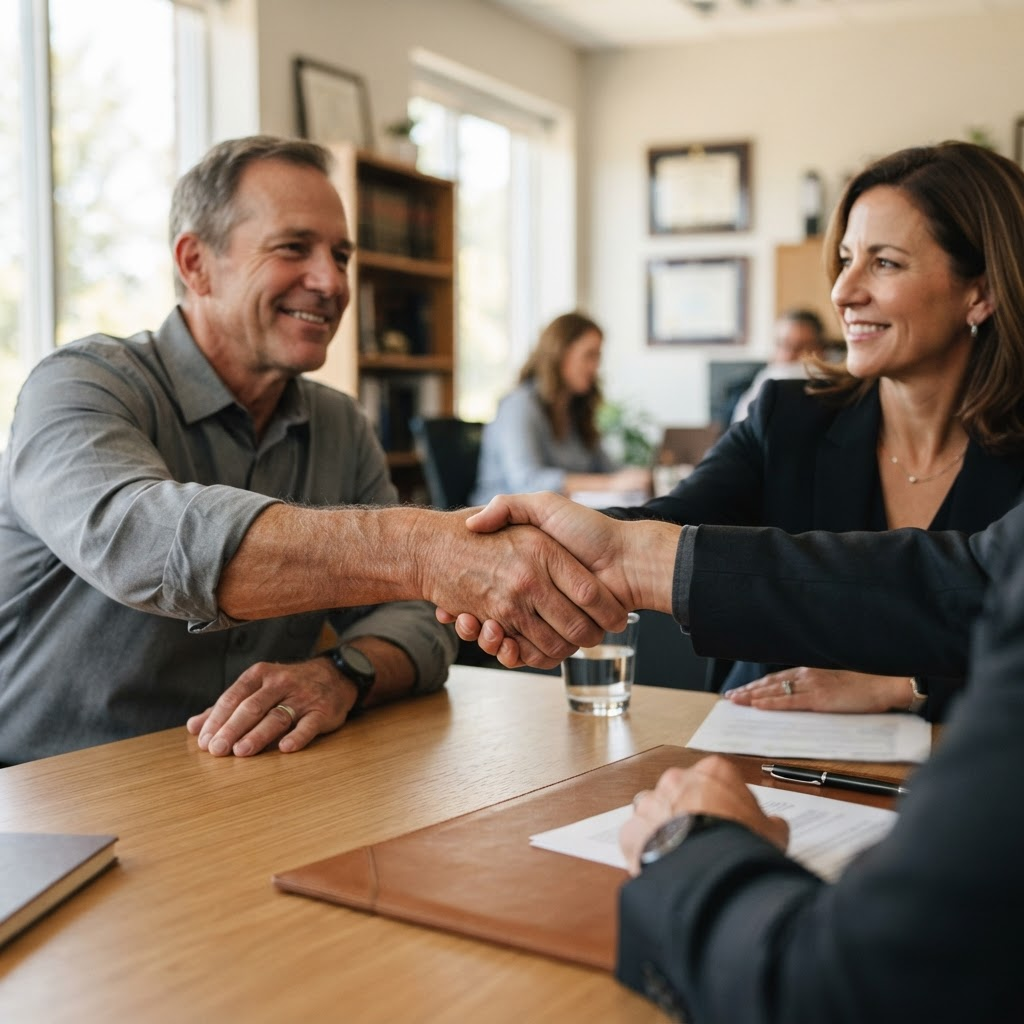 A Champions Firm attorney shaking hands with a client