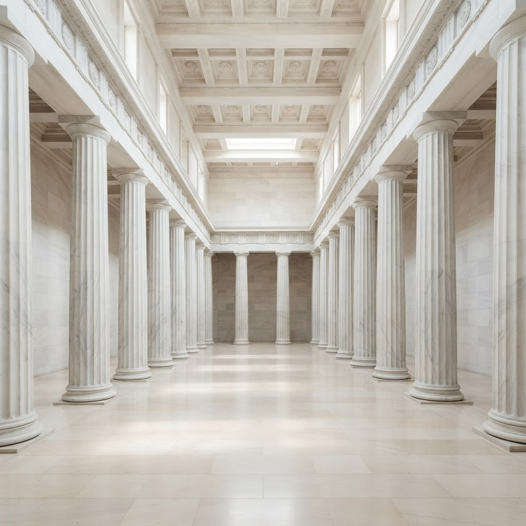 Bright white marble Greek temple hall lined with towering fluted columns